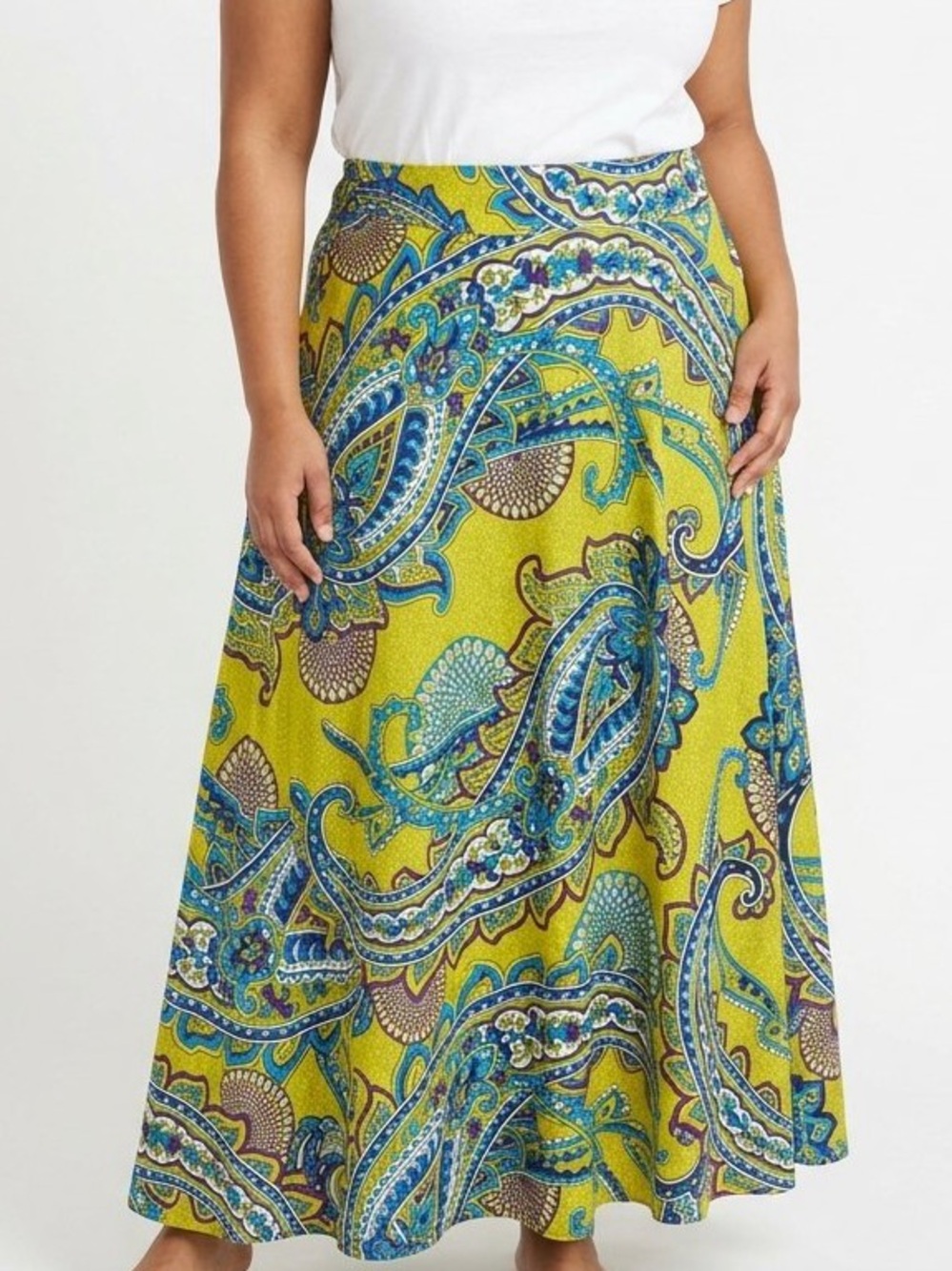 Ashley Stewart Lime & Blue Paisley Maxi Skirt